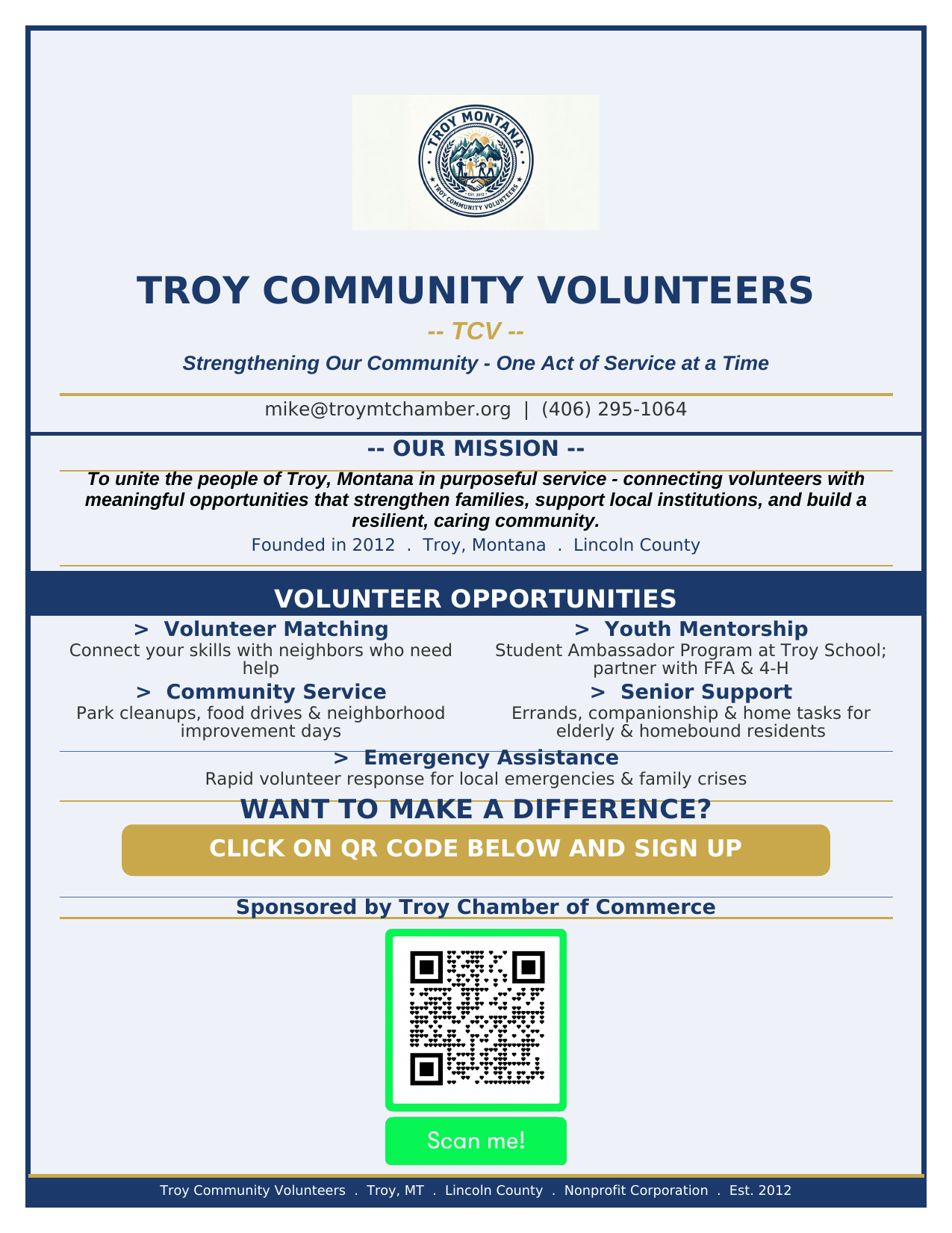 Troy Community Volunteers (TCV) volunteer flyer with sign-up QR code